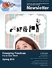 Spring 2015 COERLL Newsletter cover with a the upper part of a womans head thinking in a thought bubble of shilouettes of people using different practices from different centuries, from the cavemen, through greek oracles, to the printing press, to blackboards and finally to a someone juggling social media 
