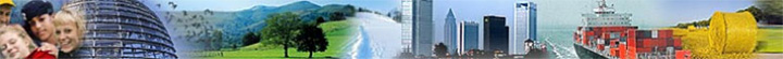 Long rectangle with collage of several photos: young people posing for a photo, landscape with birds flying over parks and single trees, a ski trail or snowy street, a cityskape with high rises, a commercial container ship, large hay balls in a rural field - Das Deutschland-Portal