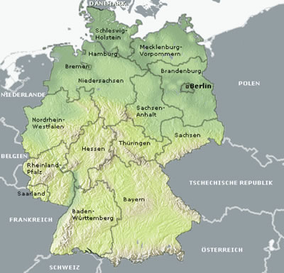 Map of Germany with the name of the 16 Bundesländer (states of Germany)and the location of Berlin: Schleswig-Holstein, Hamburg, Mecklenburg-Vorpommern (Mecklenburg-West Pomerania), Bremen, Brandenburg, Berlin, Niedersachsen (Lower Saxony), Sachsen-Anhalt (Saxony-Anhalt), Sachsen (Saxony), Thüringen (Thuringia), Hessen (Hesse), Nordrhein-Westfalen (North Rhine-Westphalia), Rheinland-Pfalz (Rhineland-Palatinate), Saarland, Baden-Württemberg and Bayern (Bavaria)