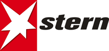Stern magazine logo: A white star graphic with black shade in front of a rectangular, red background, followed by a stern written in black, bold letters.
