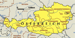 Map of Austria in yellow with regions: Tirol, Salzburg, Kärten, Steiermark, Burgenland, Wien, Niederösterreich, Oberösterreich. Some of the surrounding regions in other countries are also visible (e.g. Trentino-Südtirol, Bayern, Friuli-Venezia)