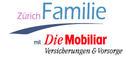 Logo of Swiss familiy resource site 'Zürich Familie' which is sponsored by 'Die Mobiliar' insurance & prevention. The logos are stacked on top of each other the first in purple, light and dark blue and the second in red and black.