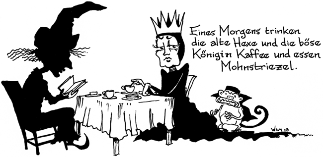 Old witch and evil queen drinking coffee and eating pastry
